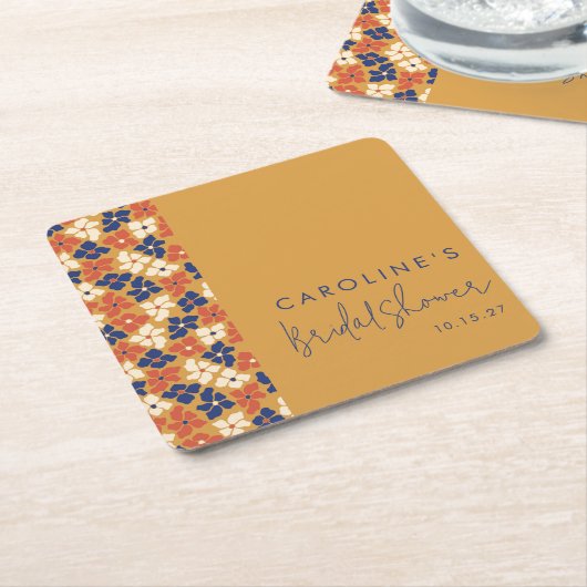 ボーホー マスタード ブルー ボタニカル ブライダル シャワー カスタム スクエアペーパーコースター (アングル)