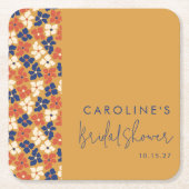 ボーホー マスタード ブルー ボタニカル ブライダル シャワー カスタム スクエアペーパーコースター (正面)