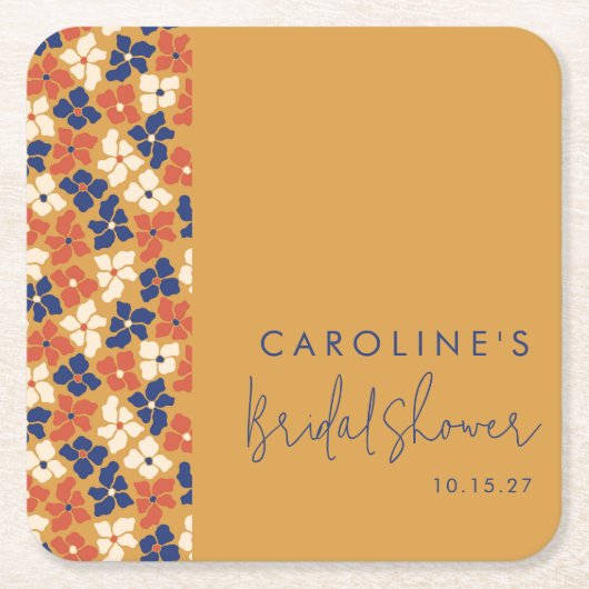 ボーホー マスタード ブルー ボタニカル ブライダル シャワー カスタム スクエアペーパーコースター (正面)