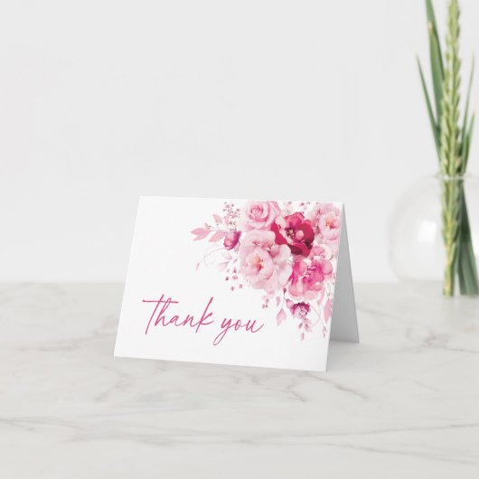 ボーホー マゼンタ ホットピンク フラワー ブライダルシャワー サンキューカード (正面)
