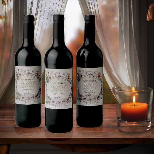 ボーホー ミューテッド フォール フローラル ブライダル シャワー ワインラベル