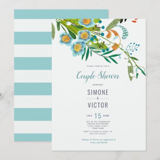 ボーホー モダン フラワー リリー オブ ザ ヴァレー カップル シャワー 招待状 (正面/裏面)