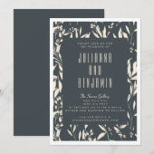 ボーホー モダン ブラック ハンドドローンフラワー ウェディング 招待状 (正面/裏面)