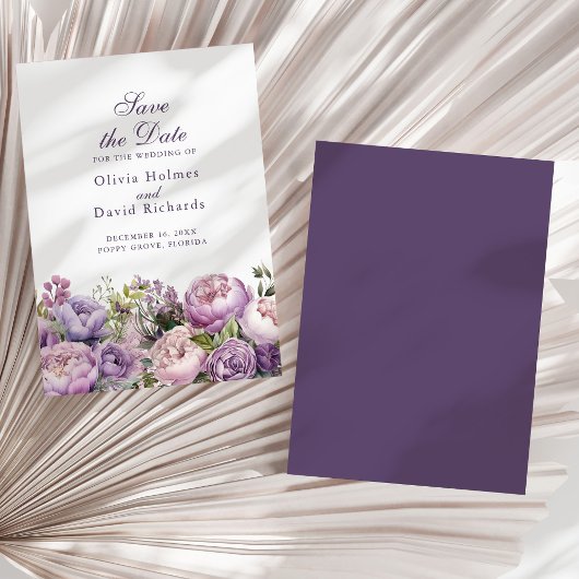 ボーホー ライラックとパープルの牡丹 Save the Date カード