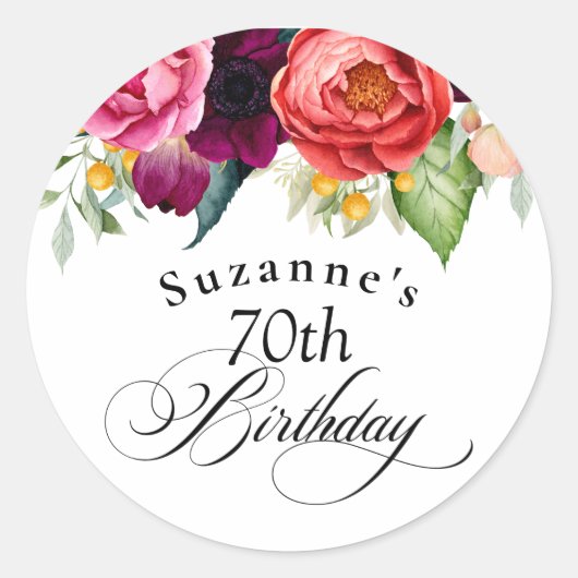 ボーホー ラスティック ウォーターカラー フラワー 70歳の誕生日パーティー ラウンドシール (正面)