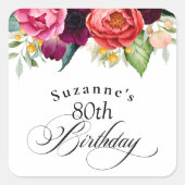 ボーホー ラスティック ウォーターカラー フラワー 80歳の誕生日パーティー スクエアシール (正面)
