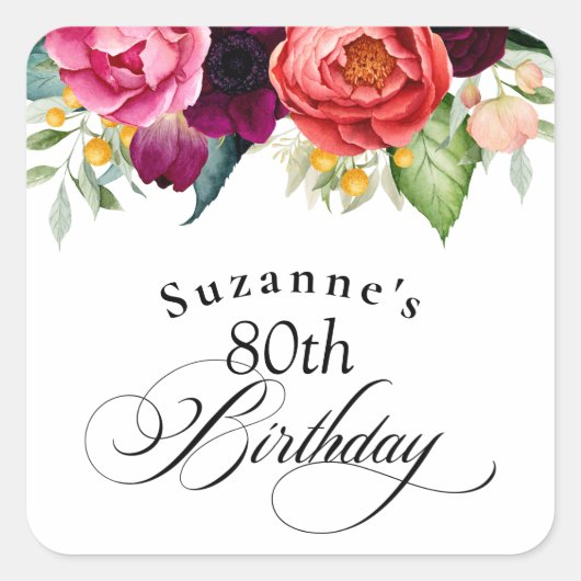 ボーホー ラスティック ウォーターカラー フラワー 80歳の誕生日パーティー スクエアシール (正面)