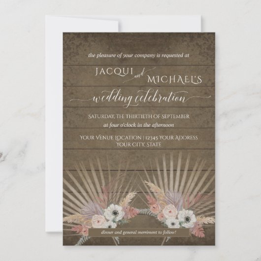 ボーホー ラスティック ウッド パンパス グラス トロピカル パーム フローラル 招待状 (正面)