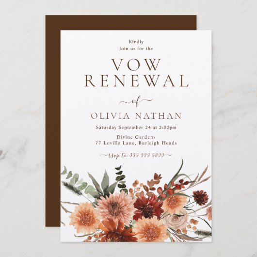 ボーホー ラスティック フラワーの誓いの更新式 招待状 (正面/裏面)