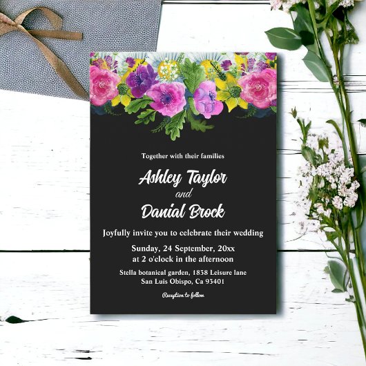 ボーホー ラスティック フラワーズ ブラック アンド ホワイト フラワーズ ウェディング 招待状