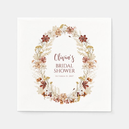 ボーホー ラスティック フラワーバーガンディ ブライダル シャワー オーダーメイド スタンダードカクテルナプキン (正面)