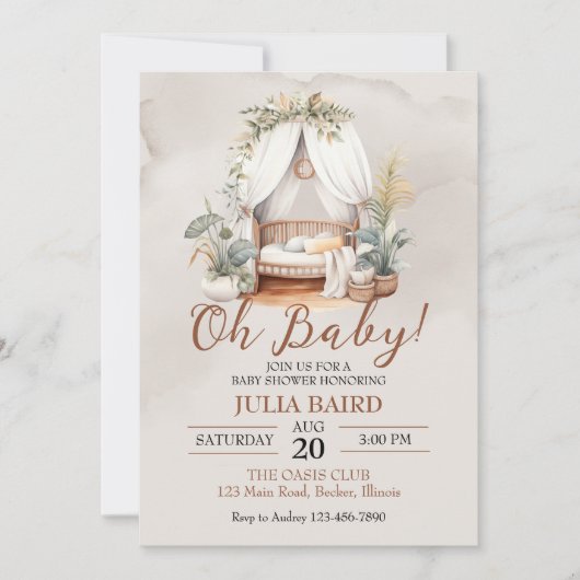 ボーホー ラスティック ベイビー クリブ シャワー 招待状 (正面)