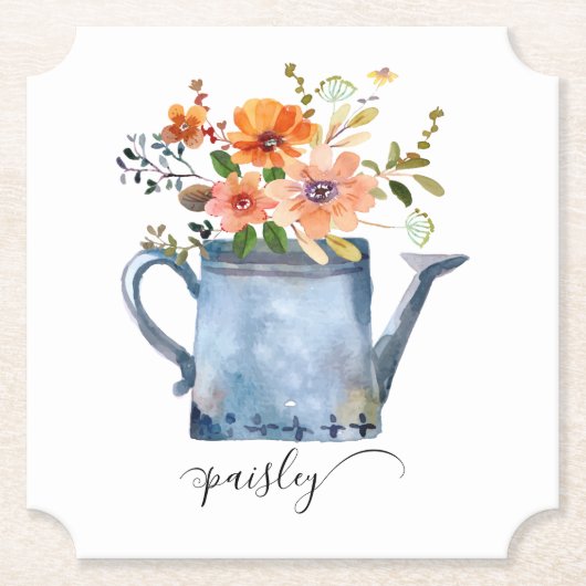 ボーホー ラスト オレンジ 水彩 花じょうろ ペーパーコースター (正面)