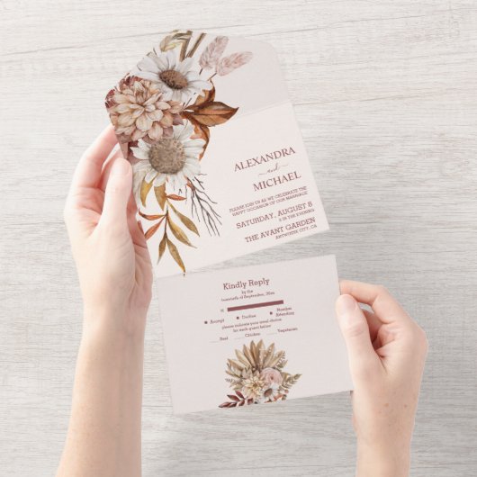 ボーホー ラスト テラコッタ ドライ ファン フラワーズ ウェディング オール オールインワン招待状 (貼ってはがせる)