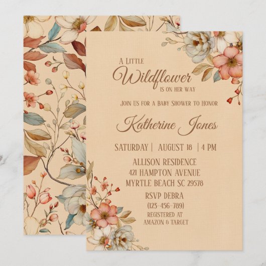 ボーホー リトル ワイルドフラワー ガール ベイビー シャワー 招待状 (正面/裏面)