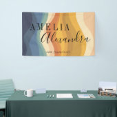 ボーホー レトロ スクリプト アブストラクト ウェーブ ライン イエロー ブルー 横断幕 (トレードショー)