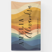 ボーホー レトロ スクリプト アブストラクト ウェーブ ライン イエロー ブルー 横断幕 (縦)