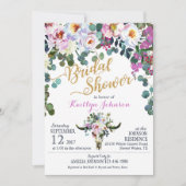 ボーホー ロングホーン 牛の頭蓋骨 フラワーブライダルシャワー 招待状 (正面)