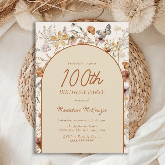 ボーホー ワイルドフラワー アーチ 100歳の誕生日 招待状