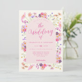 ボーホー ワイルドフラワー エレガント ピンク ウェディング 招待状 (スタンド正面)