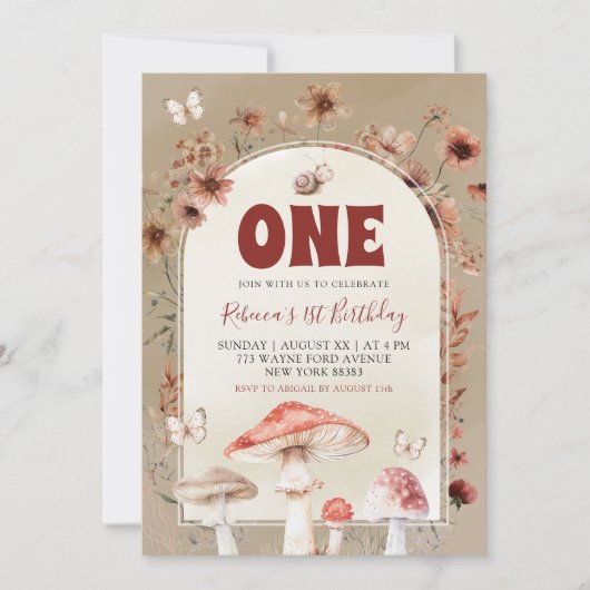 ボーホー ワイルドフラワー カタツムリとキノコのファースト バースデー 招待状 (正面)