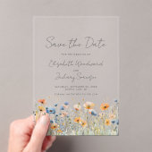 ボーホー ワイルドフラワー ボーダー オレンジ ブルー ウェディング アクリル招待状 (インサイチュ (ポータブル))