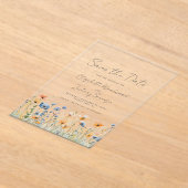 ボーホー ワイルドフラワー ボーダー オレンジ ブルー ウェディング アクリル招待状 (レイダウン)