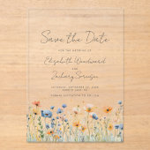 ボーホー ワイルドフラワー ボーダー オレンジ ブルー ウェディング アクリル招待状 (正面)