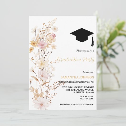 ボーホー ワイルドフラワー 草原 ガール 卒業パーティー 招待状 (スタンド正面)