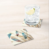 ボーホー ワターカラー ティール & ローズ フェザーズ アンド グラス スクエアペーパーコースター (インサイチュ)