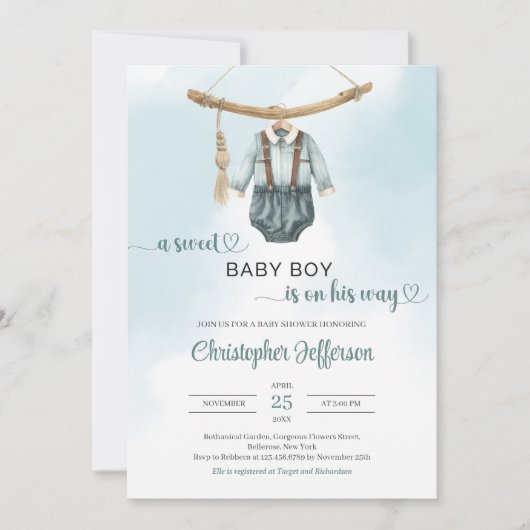 ボーホー ヴィンテージ サエグリーン ニュートラル 男の子 ベビー服 招待状 (正面)