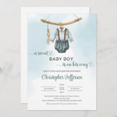 ボーホー ヴィンテージ サエグリーン ニュートラル 男の子 ベビー服 招待状 (正面/裏面)