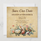 ボーホー ヴィンテージ フラワー アレンジメント 古い紙 セーブザデート (正面)