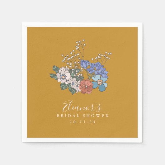 ボーホー ヴィンテージ フラワー イエロー オーダーメイド ブライズシャワー スタンダードカクテルナプキン (正面)