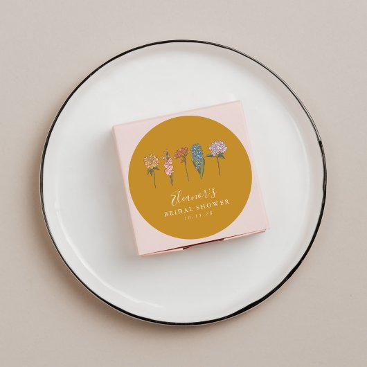ボーホー ヴィンテージ フラワー イエロー カスタム ブライダル シャワー ラウンドシール