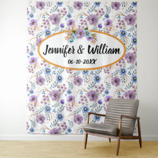 ボーホー 水彩 フラワー ライラック & ティール パーソナライズ タペストリー