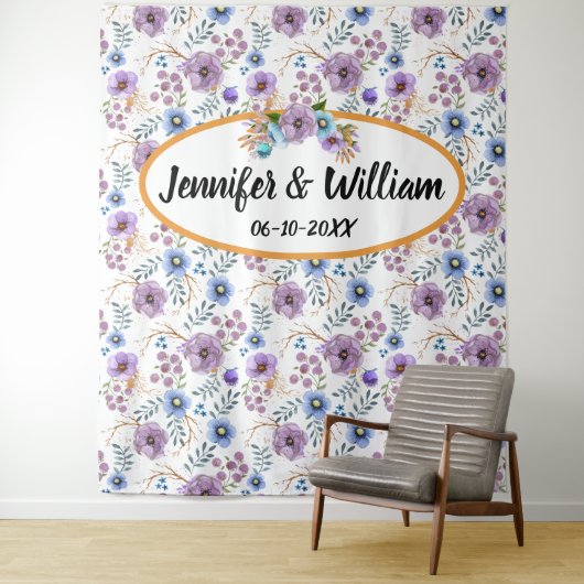 ボーホー 水彩 フラワー ライラック & ティール パーソナライズ タペストリー (インサイチュ)