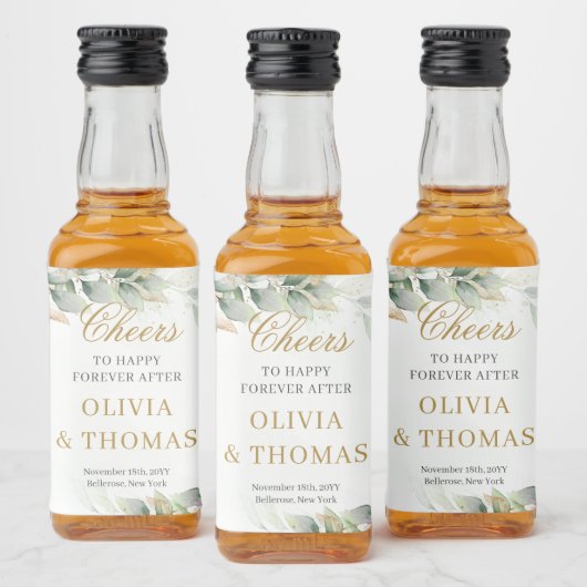 ボーホ様式のユーカリの緑と金ゴールド結婚の リキュールボトルラベル (ボトル)