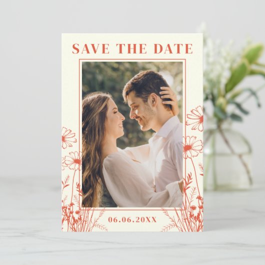 ボーホ オレンジ フラワーライン アート2 写真 QRコード セーブザデート (スタンド正面)