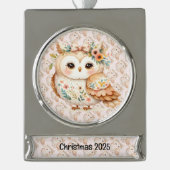 ボーホ コテージコア オウル フラワル ファームコア チャーム シルバープレートバナーオーナメント (正面)