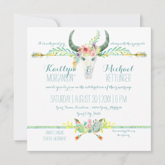 ボーホ デザート サウスウエスタン フローラル カウ スカル アローズ 招待状 (正面)