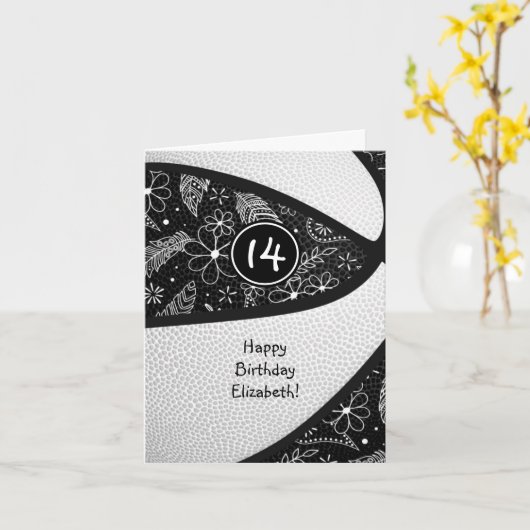 ボーホ ドゥードル 黒白 ガーリー バスケットボール 誕生日 カード (黄色い花)