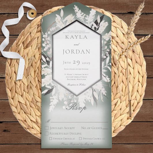 ボーホ ドライ グラス リース セージグリーン ディナー オールインワン招待状