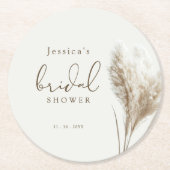 ボーホ ニュートラル フラッフィー パンパス グラス ブライダル シャワー ラウンドペーパーコースター (正面)