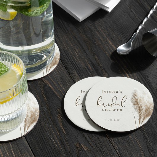 ボーホ ニュートラル フラッフィー パンパス グラス ブライダル シャワー ラウンドペーパーコースター