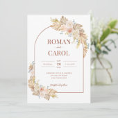 ボーホ パンパス ラスティック テラコッタ アーチ フォト ウェディング 招待状 (スタンド正面)