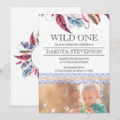 ボーホ フェザーズ 1歳の誕生日写真 招待状 (正面/裏面)