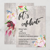 ボーホ フラワー ライト ラスティック ウッド レッツ セレブレート 招待状 (正面/裏面)
