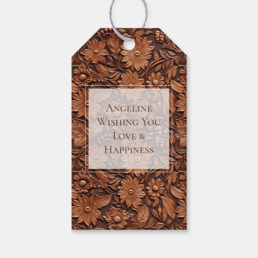 ボーホ ブラウン 合成皮革 花柄 ブライダルシャワー ギフトタグ (正面)