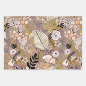 ボーホ ブラック ホワイト ゴールド ピンク チェック柄 手描き 葉 花柄 ラッピングペーパーシート (正面3)